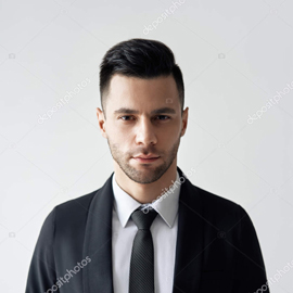 Handsome confident man in black suit on light background. Man beauty